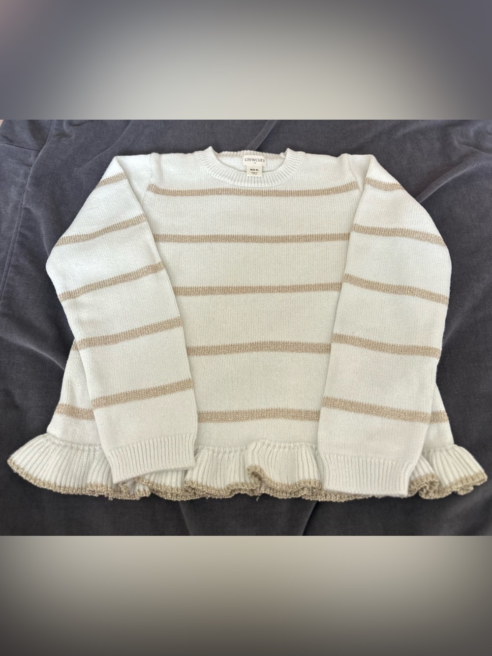 Crewcuts Cream Sweater with Gold Stripes and Ruffle Hem